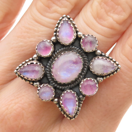 925 Sterling Silver Vintage Real Pink Moonstone Adjustable Ring Size 8.75