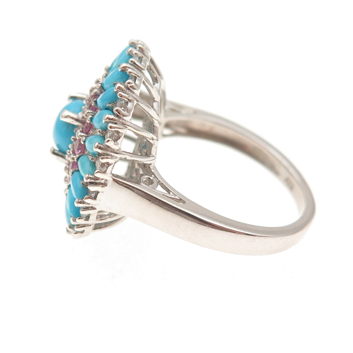 Chuck Clemency Sterling Silver Real Turquoise Pink & White Topaz Ring Size 8.25