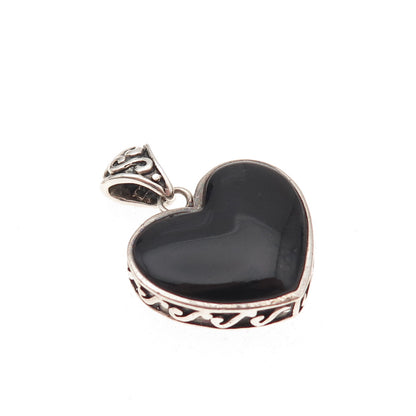925 Sterling Silver Vintage Real Black Onyx & MOP Heart Charm Pendant