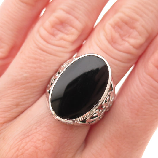 Charles Winston Sterling Silver Vintage Real Black Onyx Ornate Ring Size 7.75