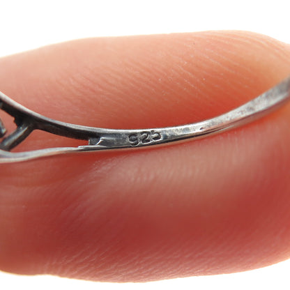 925 Sterling Silver Vintage Real Black Onyx Double Heart Spiral Ring Size 7.5