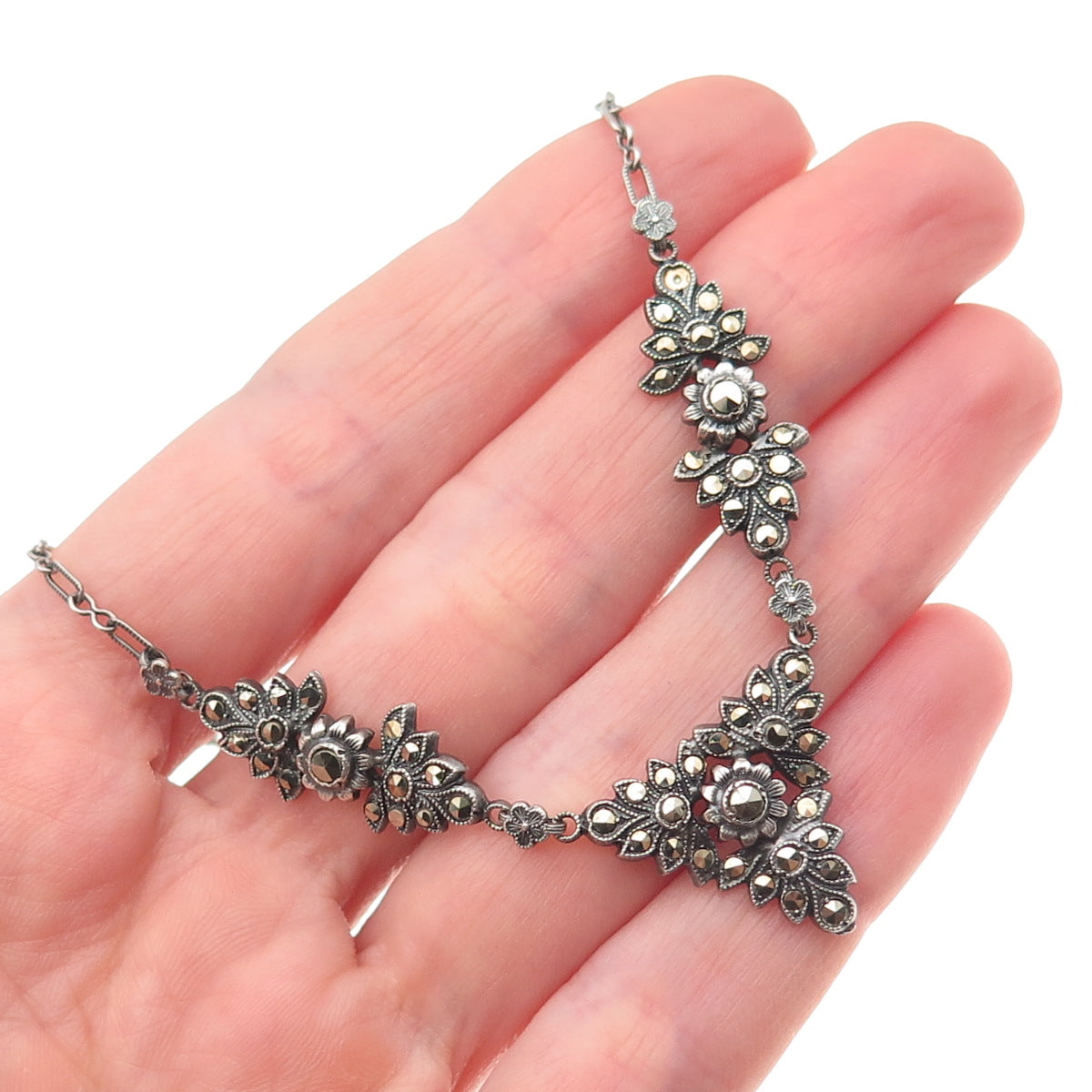 925 Sterling Antique Art Deco Real Marcasite Floral Necklace 18" (missing stone)
