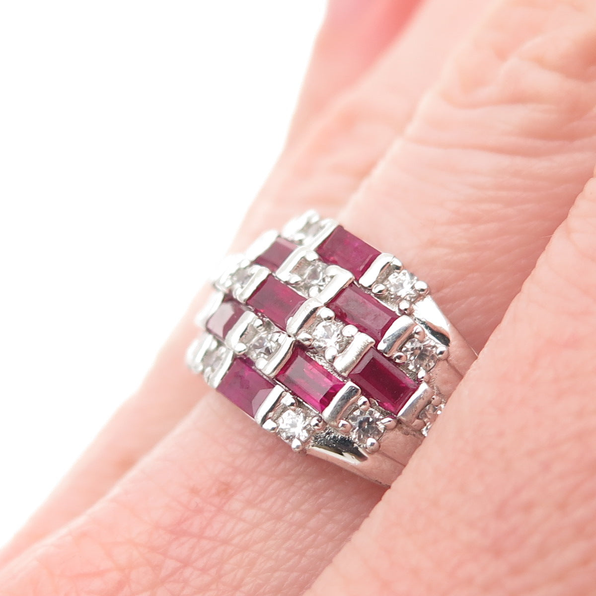 Chuck Clemency 925 Sterling Lab-Created Ruby & Real White Topaz Ring Size 7.25