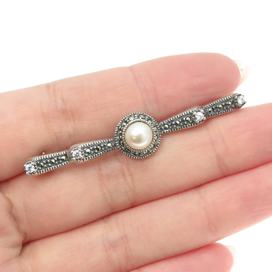 JUDITH JACK 925 Sterling Silver Vintage Real Pearl Marcasite & C Z Bar Brooch