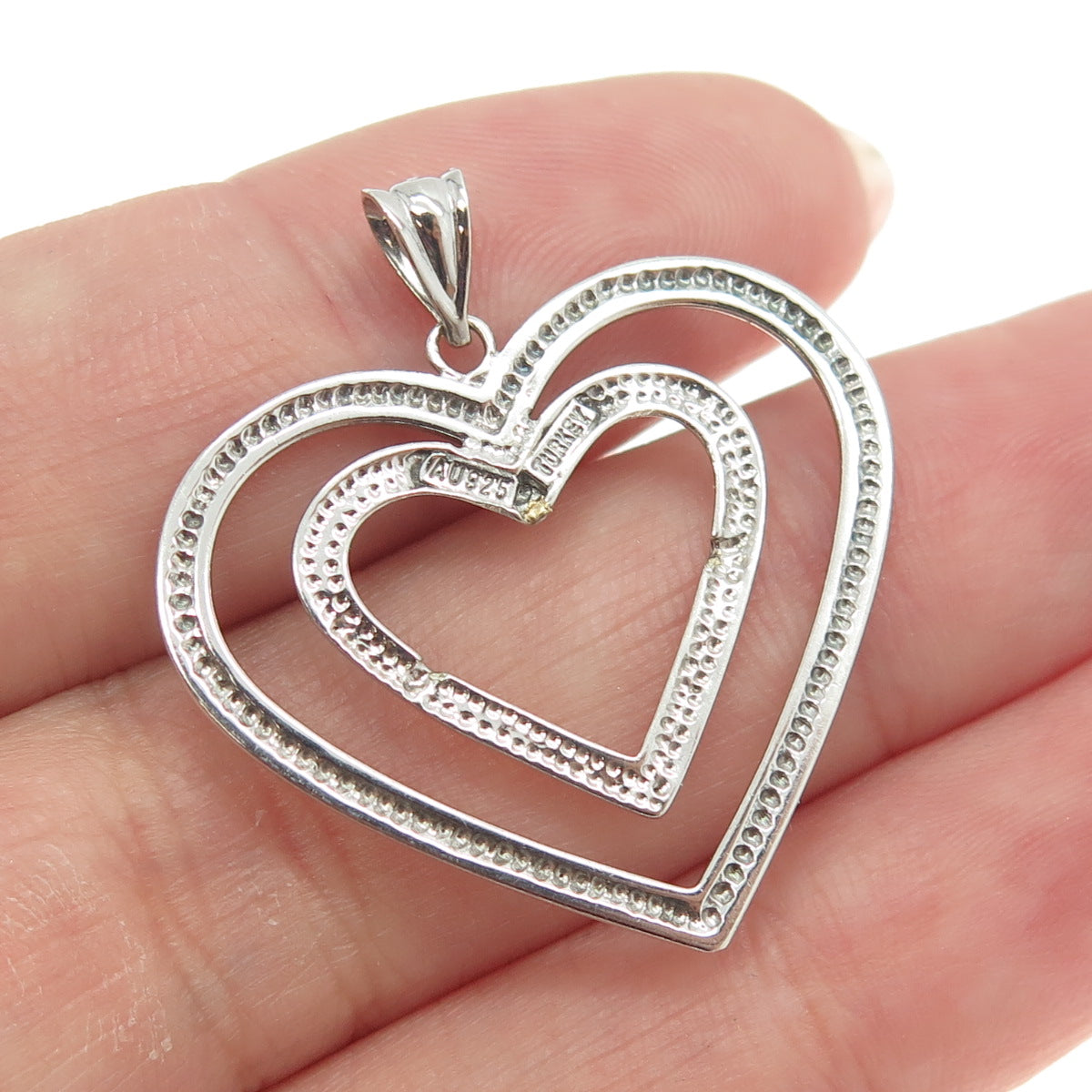 925 Sterling Silver Vintage Dotted Double Heart Pendant