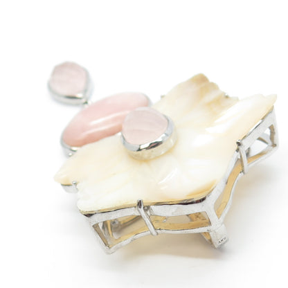 925 Sterling Silver Vintage Real MOP & Rose Quartz Floral Large Brooch Pendant