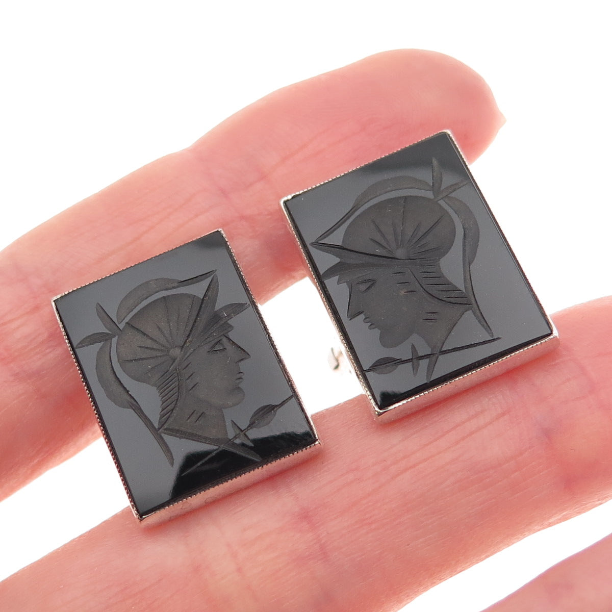 925 Sterling Silver Vintage Real Black Onyx Carved Roman Warrior Cufflinks