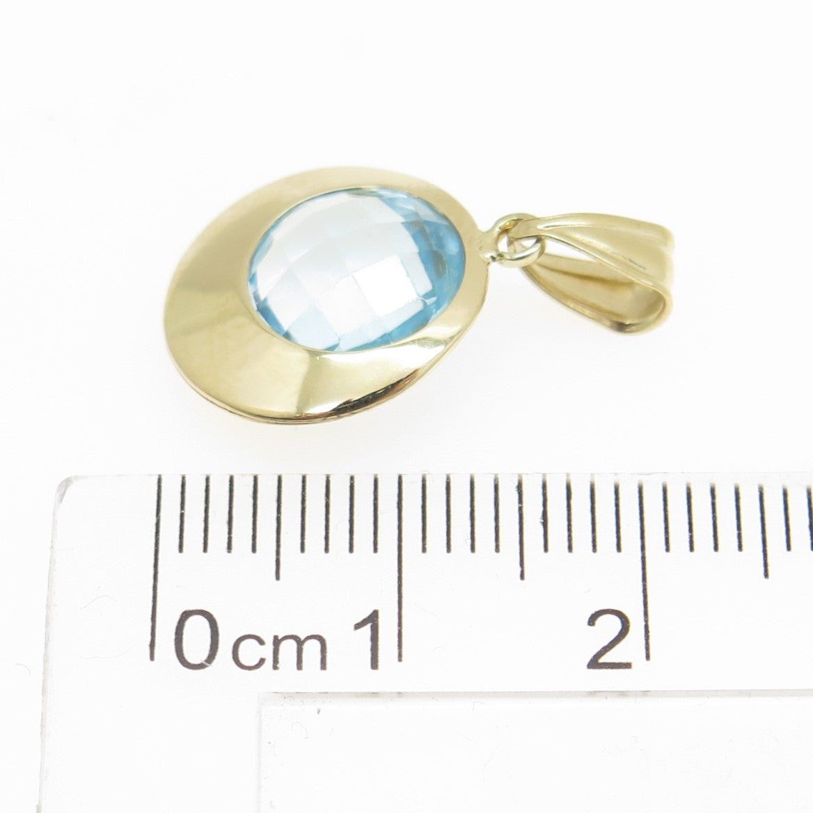 14K Yellow Gold Real Round-Cut Blue Topaz Disc Charm Pendant