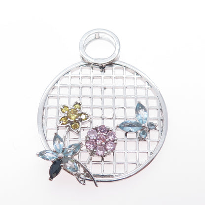 925 Sterling Real Blue Topaz Amethyst Citrine Butterfly & Flower Slide Pendant