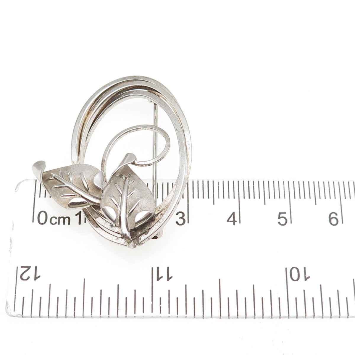 CURTIS 925 Sterling Silver Vintage Modernist Floral Leaf Oxidized Pin Brooch