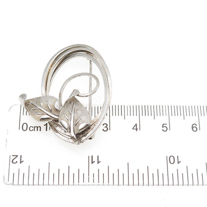CURTIS 925 Sterling Silver Vintage Modernist Floral Leaf Oxidized Pin Brooch