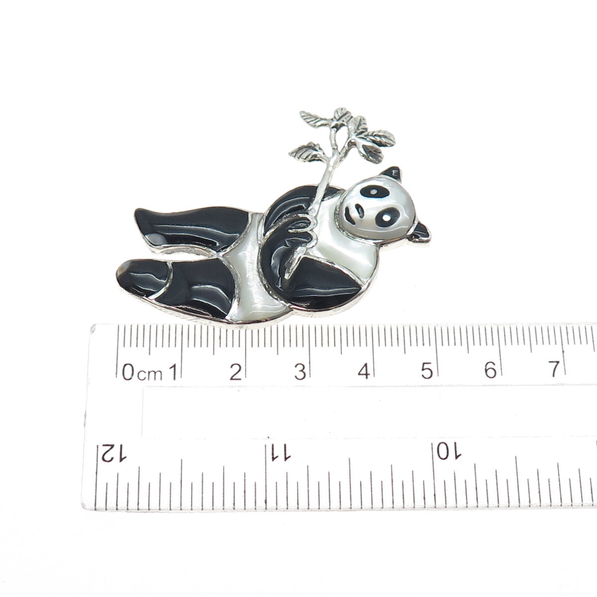 925 Sterling Silver Vintage Real Black Onyx & MOP Panda Pin Brooch