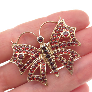 925 Sterling Silver Gold Plated Vintage Real Red Garnet Butterfly Pin Brooch