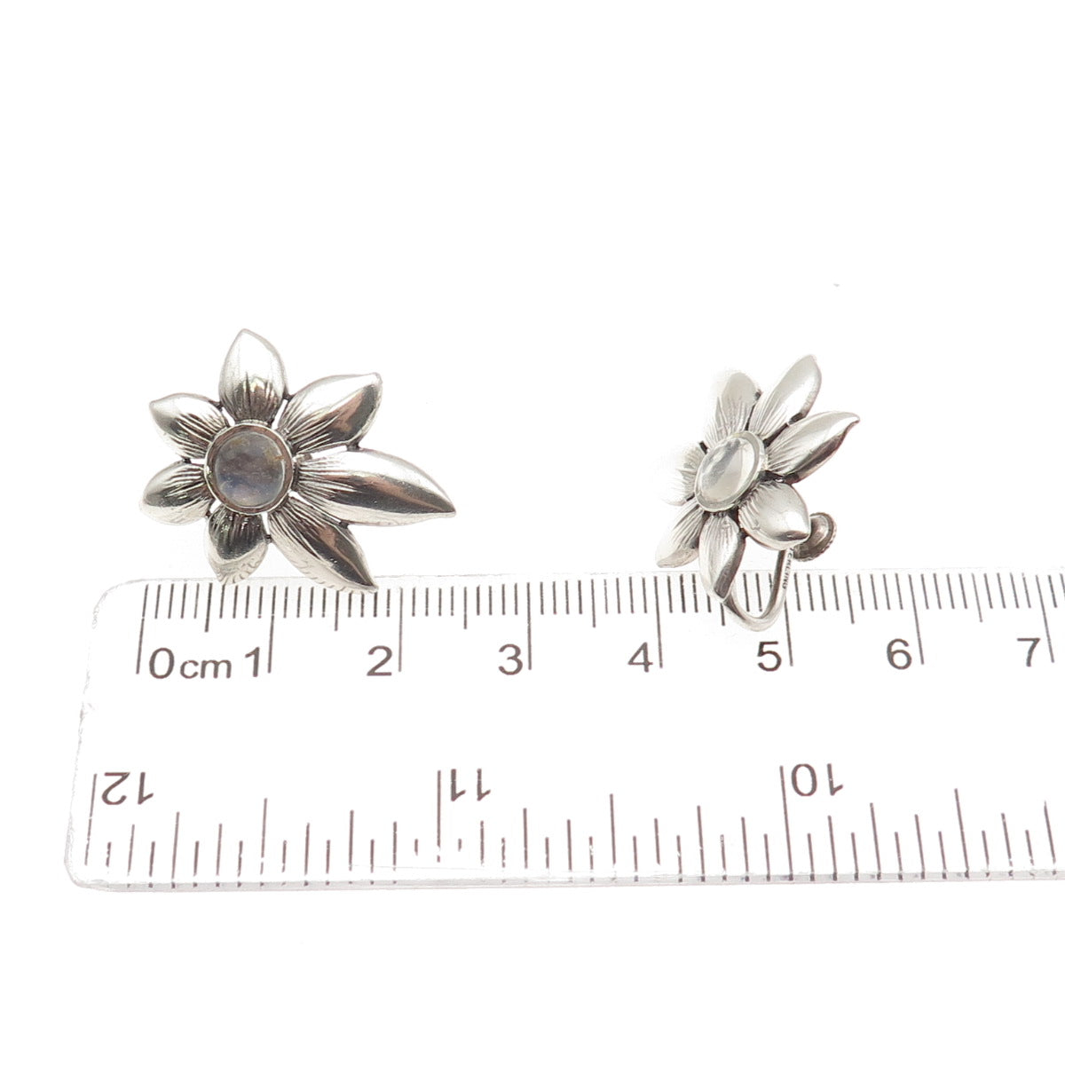 Madeleine Turner Sterling Vintage Real Moonstone Floral Screw Back Earrings #175