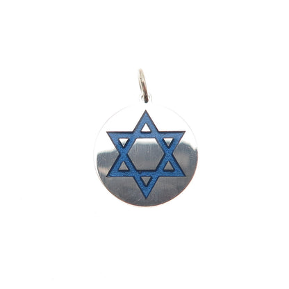 925 Sterling Silver Blue Enamel Star of David Round Tag Mini Charm Pendant