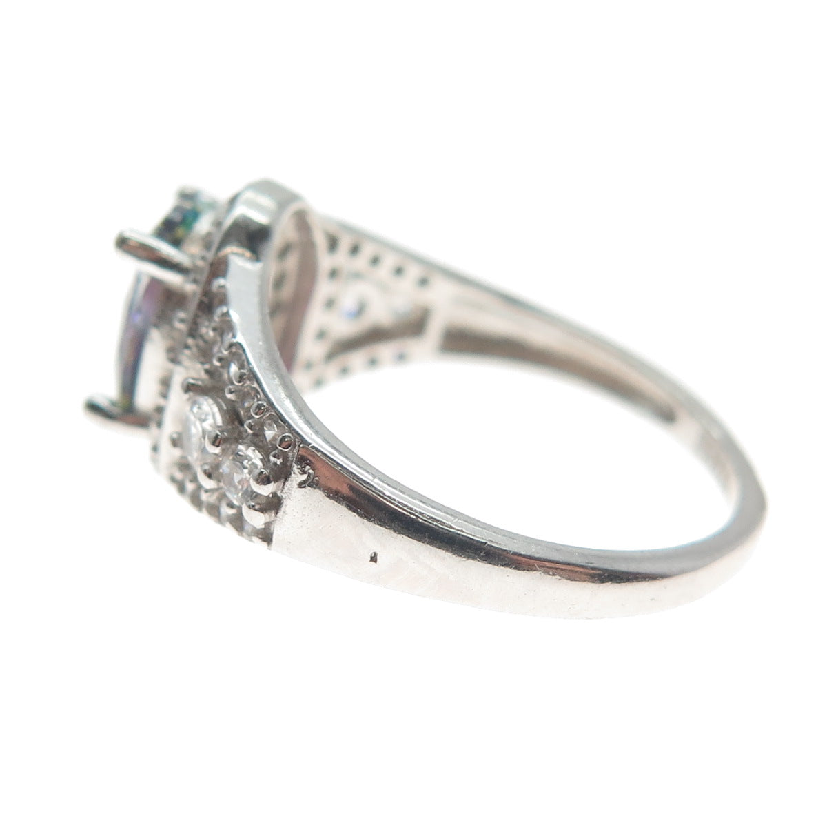 925 Sterling Silver Real Oval-Cut Mystic Quartz & C Z Cluster Ring Size 7.25