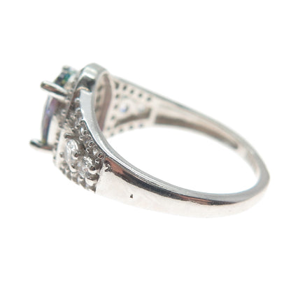 925 Sterling Silver Real Oval-Cut Mystic Quartz & C Z Cluster Ring Size 7.25