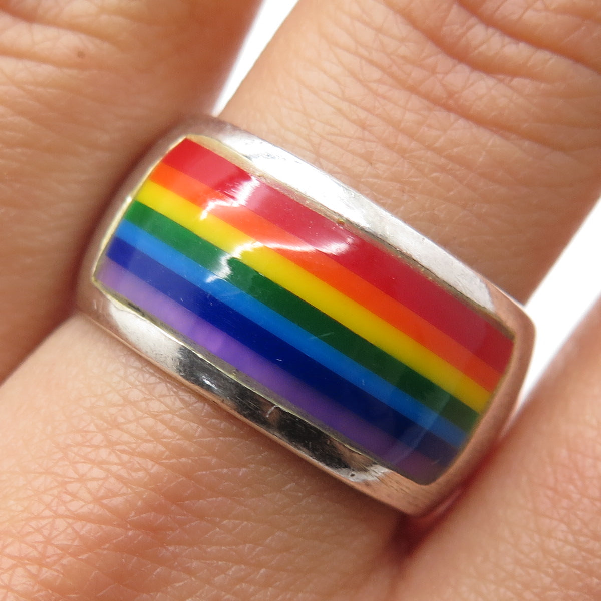925 Sterling Silver Vintage Enamel Rainbow Band Ring Size 10