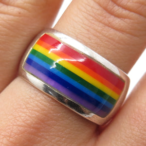 925 Sterling Silver Vintage Enamel Rainbow Band Ring Size 10