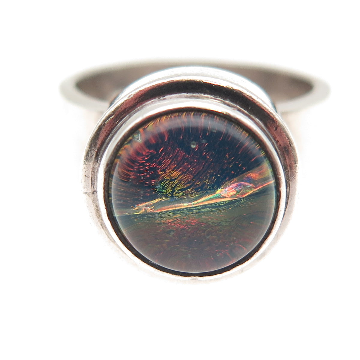 925 Sterling Silver Vintage Dichroic Glass Modernist Oxidized Ring Size 7