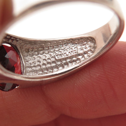 925 Sterling Silver Vintage Real Oval-Cut Red Garnet Modernist Ring Size 9