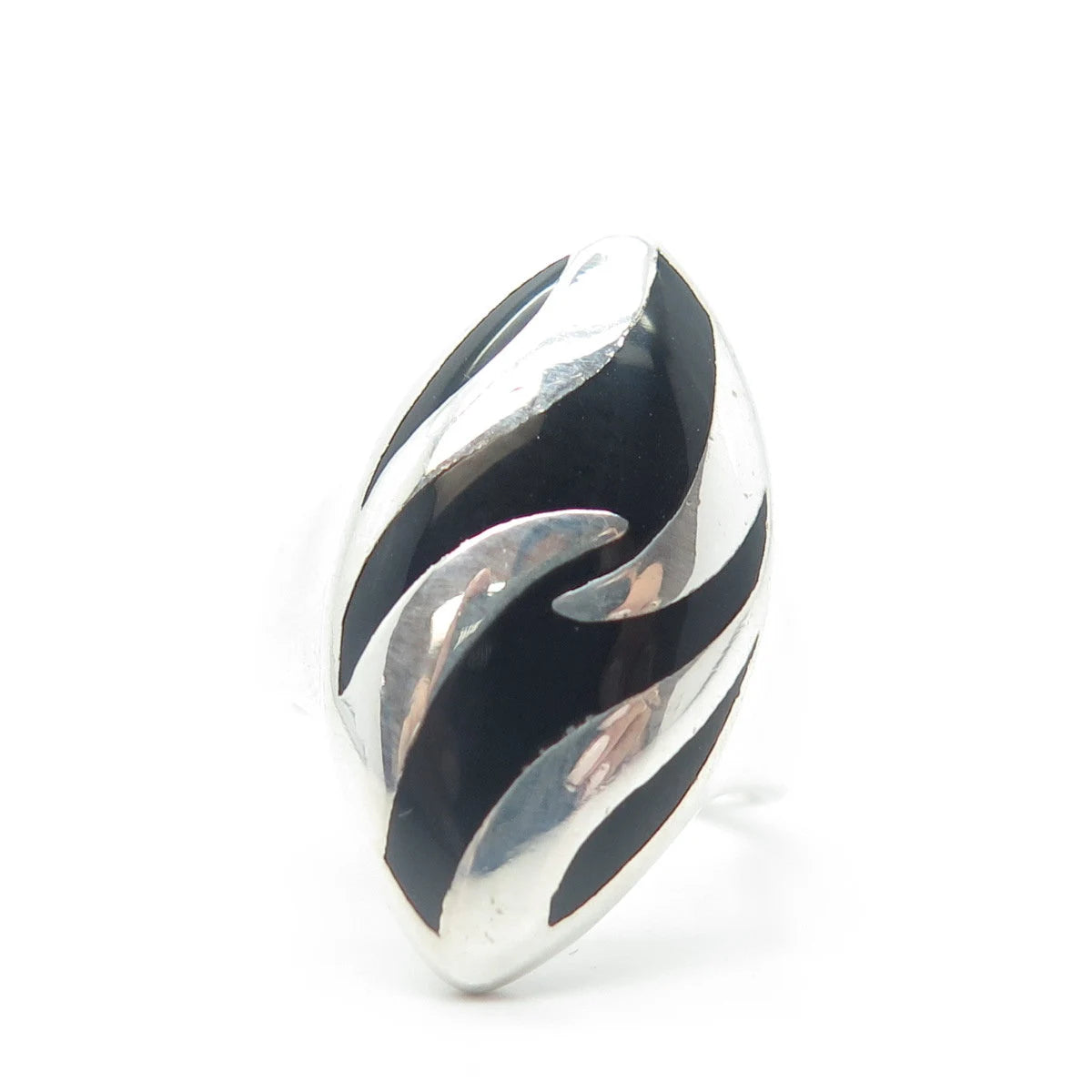 925 Sterling Silver Vintage Real Black Onyx Zebra Print Adjustable Ring Size 6