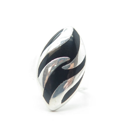 925 Sterling Silver Vintage Real Black Onyx Zebra Print Adjustable Ring Size 6