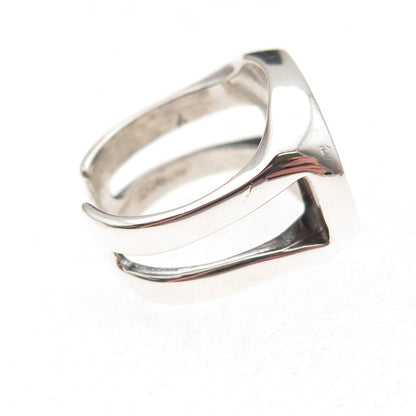 925 Sterling Silver Vintage Real Jade Inlay Modernist Adjustable Ring Size 8.5