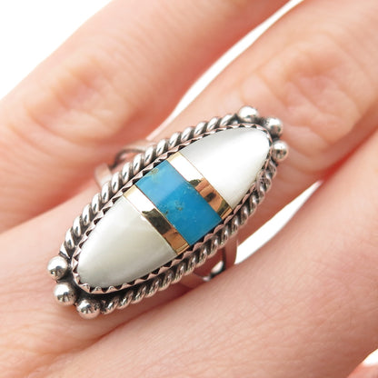 Jonathan Beyuka Zuni Old Pawn 925 Sterling 2-Tone Turquoise MOP Ring Size 4.75