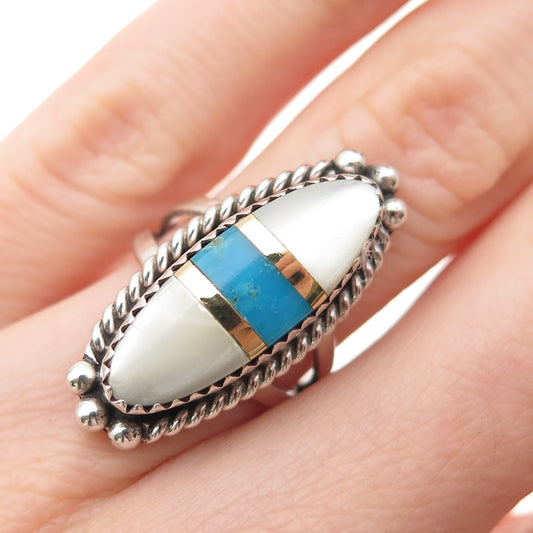 Jonathan Beyuka Zuni Old Pawn 925 Sterling 2-Tone Turquoise MOP Ring Size 4.75