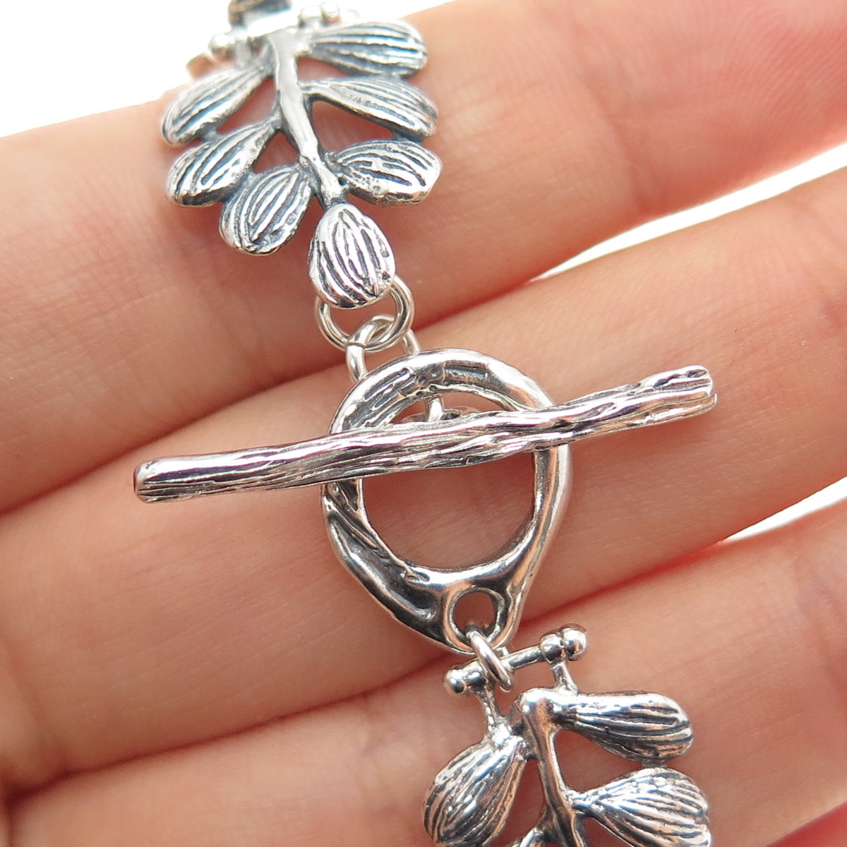 HAGIT GORALI Sterling Silver Vintage Israel Floral Leaf Oxidized Bracelet 6.75"