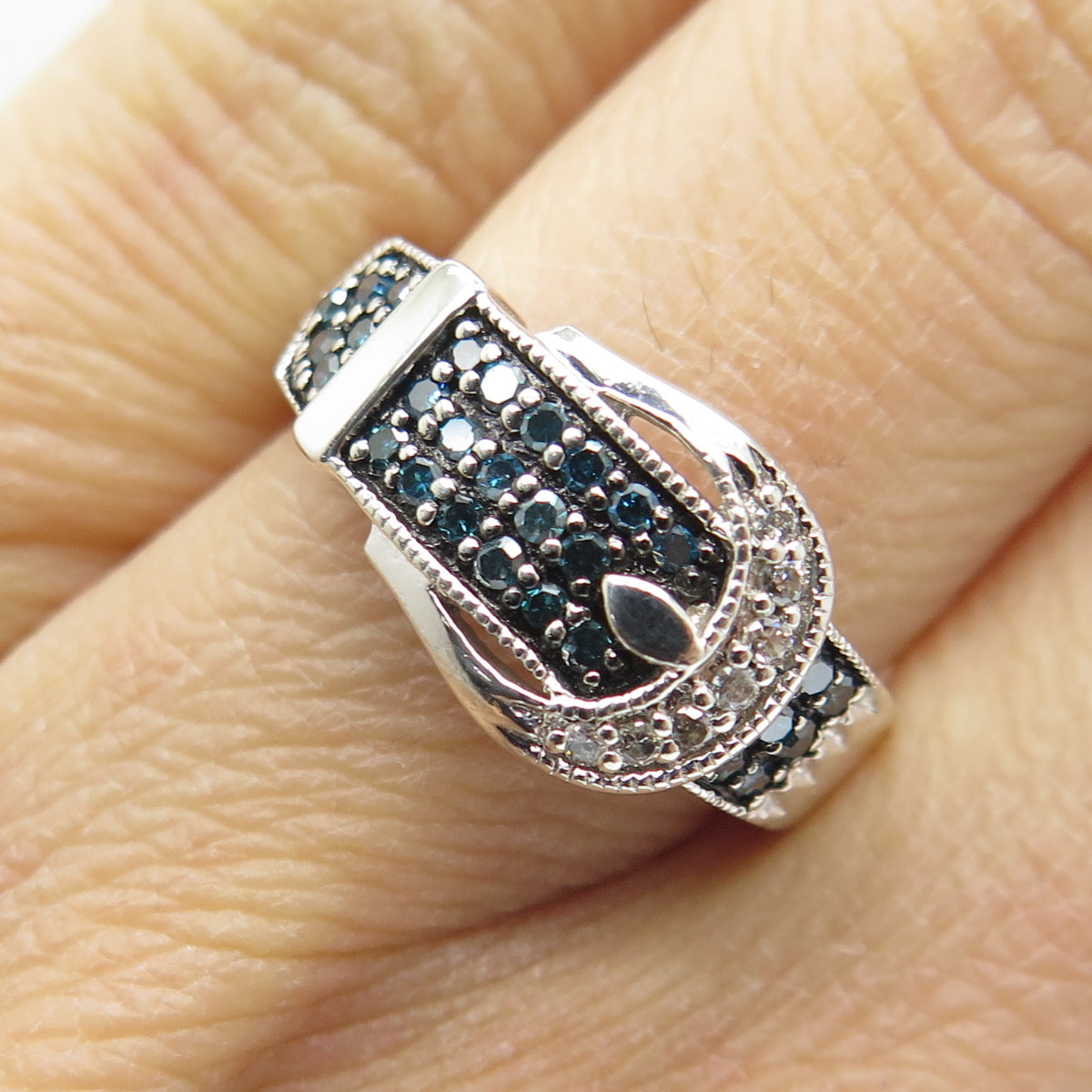 925 Sterling Silver Real Blue & White Diamond Belt Buckle Ring Size 6.25