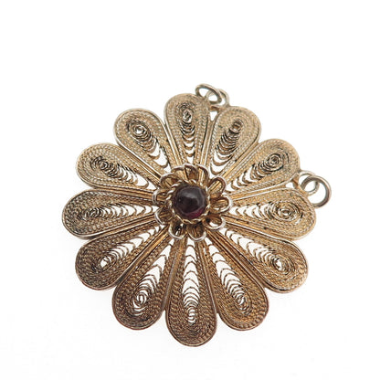 925 Sterling Gold Plated Vintage Real Garnet Filigree Flower Centerpiece Pendant