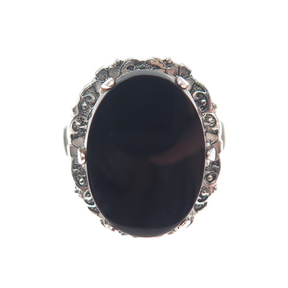 CLARK & COOMBS Sterling Silver Antique Art Deco Real Black Onyx Ring Size 4.75