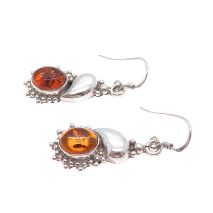 925 Sterling Silver Vintage Real Amber Modernist Granulated Dangle Earrings