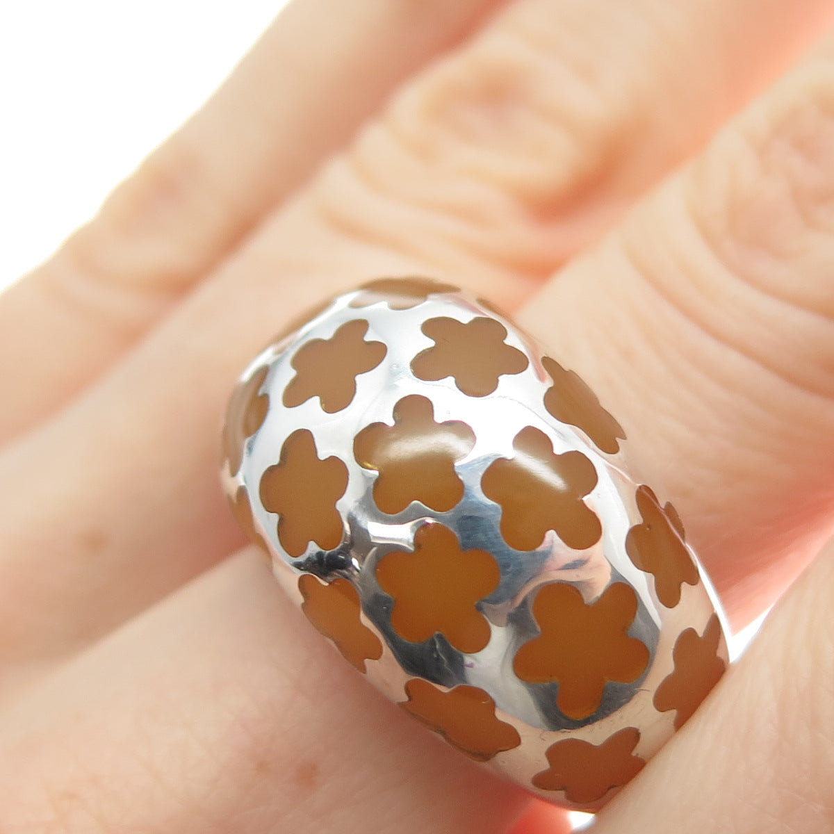 925 Sterling Silver Vintage Enamel Flower Dome Ring Size 7.25