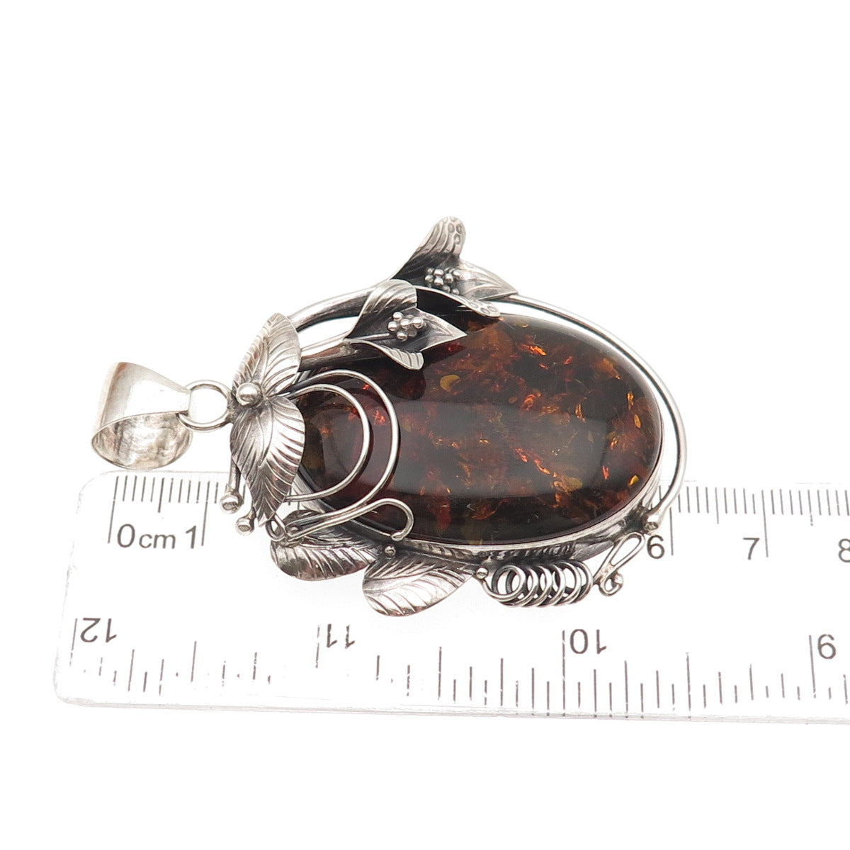 ZIV 925 Sterling Silver Vintage Real Amber Modernist Floral Oxidized Pendant