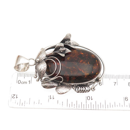 ZIV 925 Sterling Silver Vintage Real Amber Modernist Floral Oxidized Pendant
