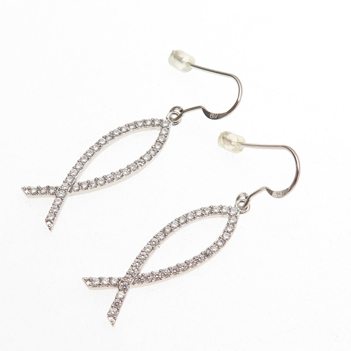 925 Sterling Silver Round-Cut C Z Pisces Zodiac Sign Dangle Earrings