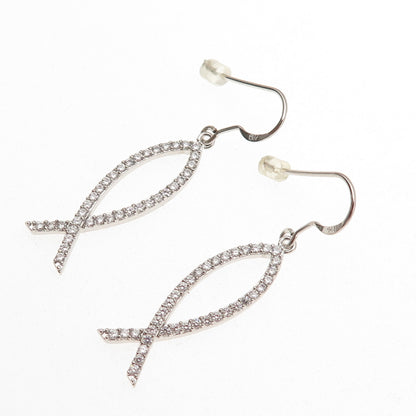 925 Sterling Silver Round-Cut C Z Pisces Zodiac Sign Dangle Earrings
