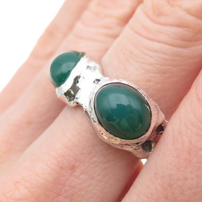 925 Sterling Silver Vintage Real Green Onyx Modernist Oxidized Ring Size 8.5