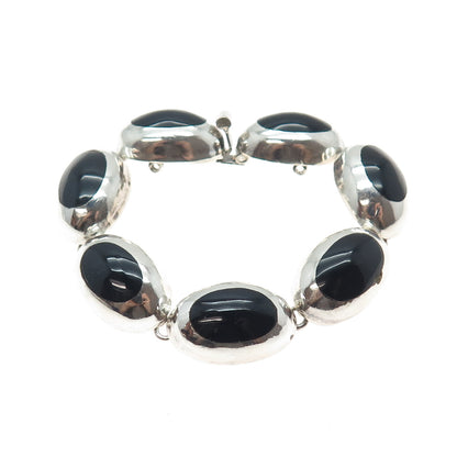 925 Sterling Silver Vintage Mexico Real Black Onyx Modernist Link Bracelet 6.5"