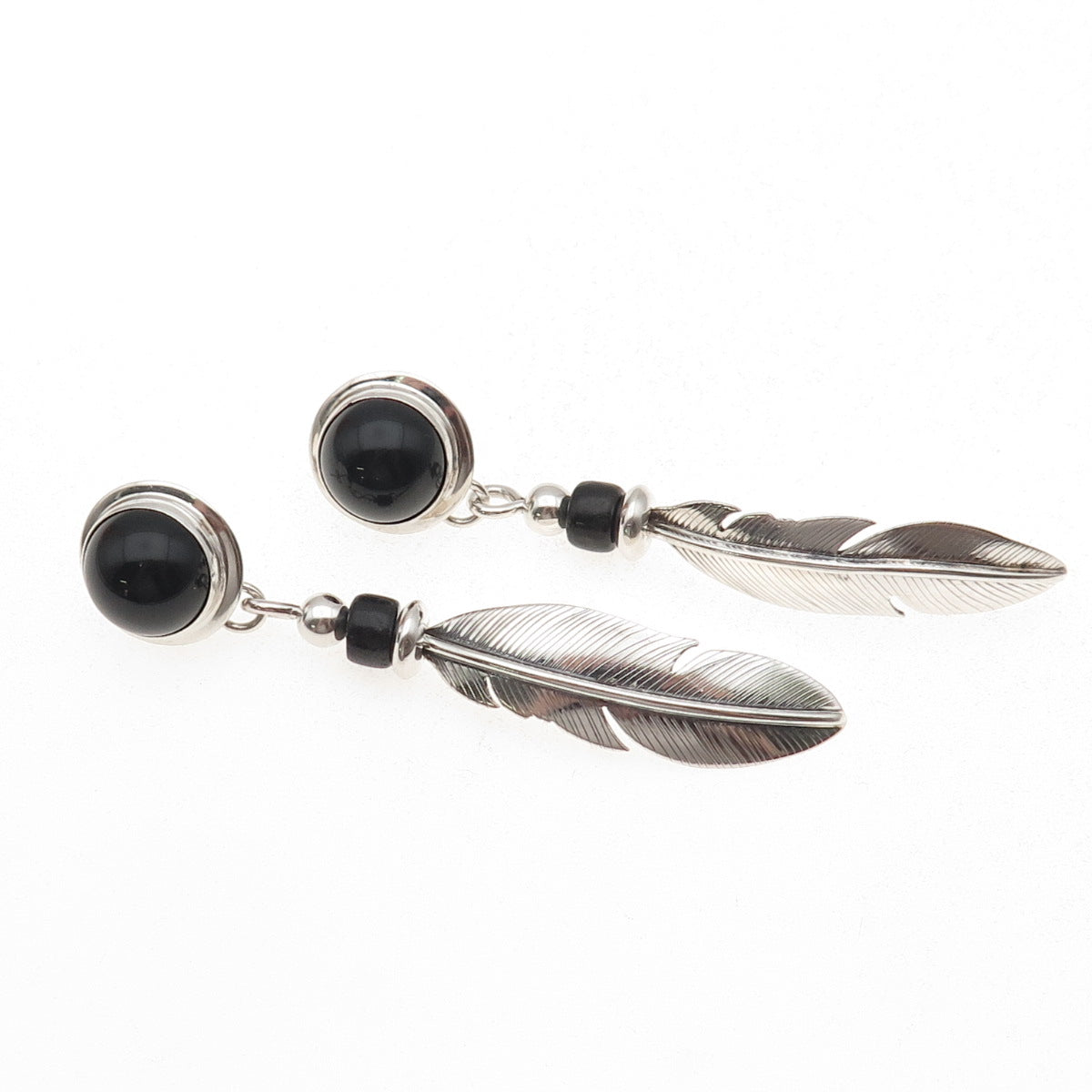 Old Pawn 925 Sterling Silver Vintage Black Onyx Feather Tribal Dangle Earrings