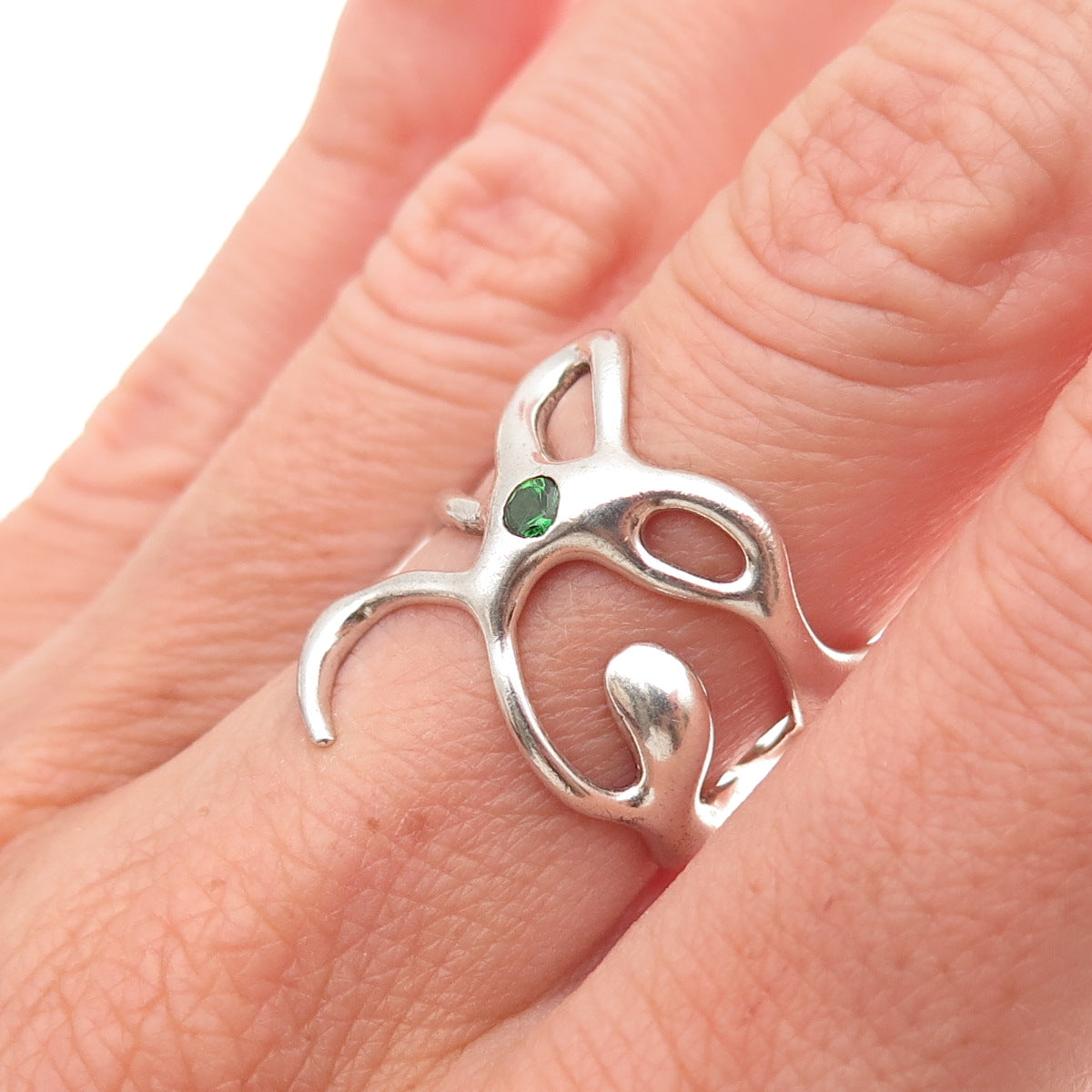 925 Sterling Silver Vintage Real Chrome Diopside Modernist Ring Size 7.25