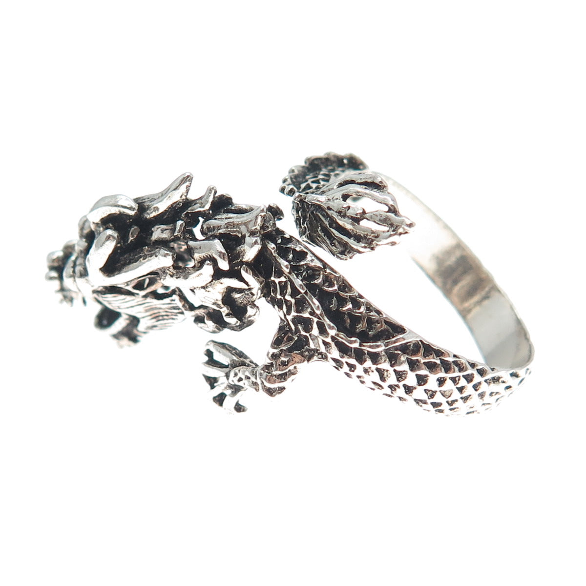 925 Sterling Silver Vintage Dragon Movable Head Oxidized Adjustable Ring Size 10