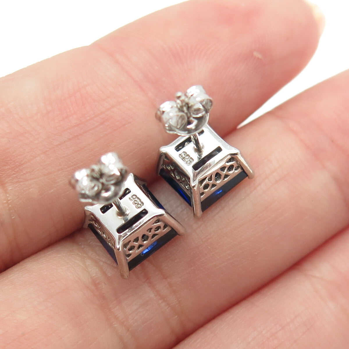 925 Sterling Silver Princess-Cut Blue C Z Stud Earrings