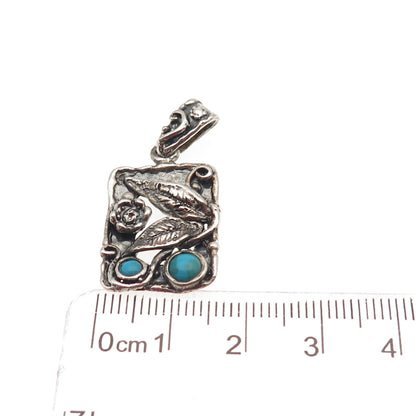 925 Sterling Silver Vintage Real Turquoise Floral Oxidized Charm Pendant