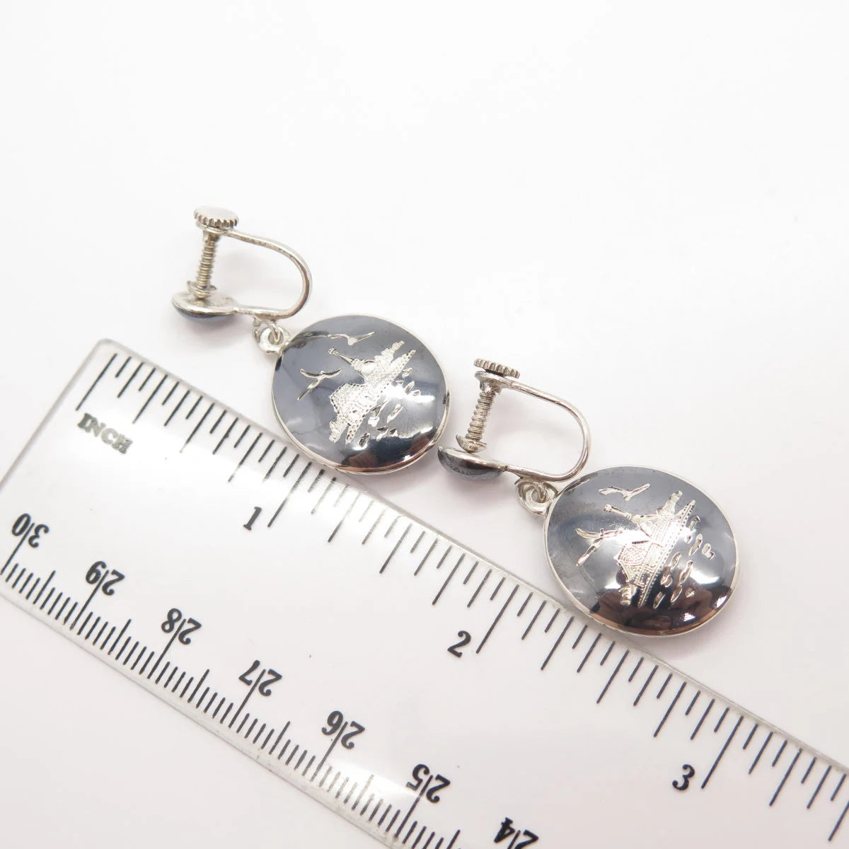 925 Sterling Silver Vintage Siam Niello City Skyline Screw Back Esrrings