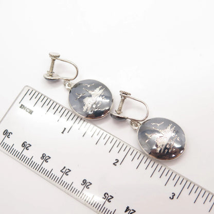 925 Sterling Silver Vintage Siam Niello City Skyline Screw Back Esrrings
