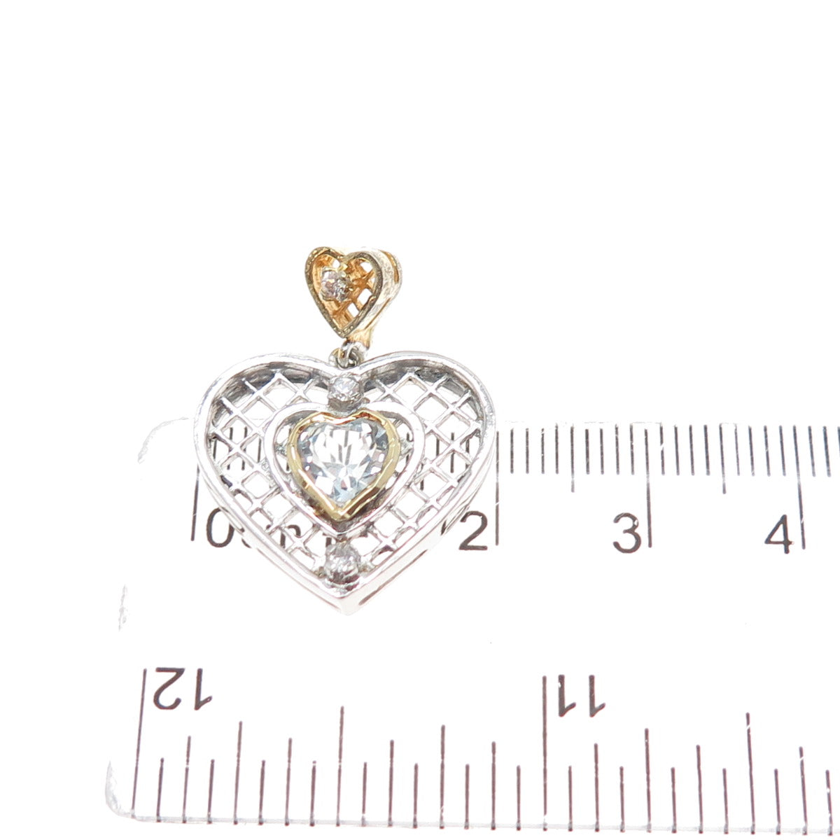 925 Sterling Silver 2-Tone Real Blue Topaz & C Z Heart Charm Pendant